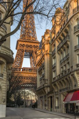 Paris, Fransa - 14 Ocak 2025: Sıcak bir ışık altında Haussmann binalarıyla dolu bir caddeden Eyfel Kulesi 'nin güzel manzarası
