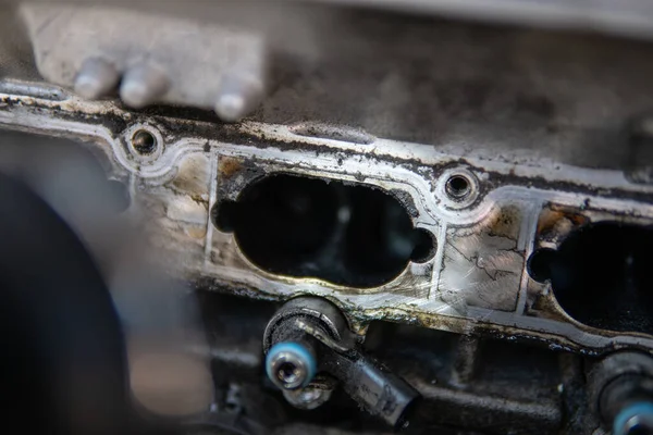 Close Up Of Dirty Intake Manifold Ports Car Repair Concept Dirty