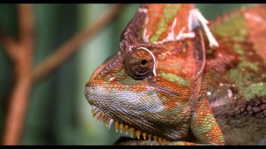 Ağaç gövdesindeki yeşil kertenkelenin yakın plan fotoğrafı.