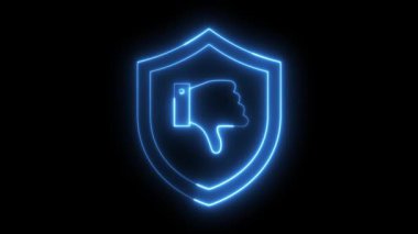 A blue neon glowing shield with a thumbs down symbol animates and loops on a black background, conveying negative feedback, security breach, or digital disapproval with a futuristic abstract style.