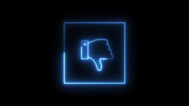 A seamless looping abstract animation features a bright neon blue glowing thumbs down symbol appearing inside a dynamic square frame on a dark background, conveying negative feedback and disapproval.
