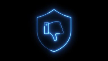 A neon blue glowing thumbs-down symbol inside a shield animates and loops on a black background, representing negative feedback, low ratings, security concerns, or digital problems.