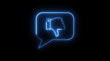 This looping abstract neon animation features a glowing blue thumbs down symbol within a speech bubble, perfect for illustrating negative feedback, disapproval, or social media reactions.
