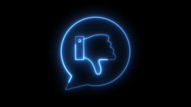 This looping abstract neon blue animation depicts a glowing thumbs down symbol forming inside a speech bubble on a black background, perfect for negative feedback or disapproval.