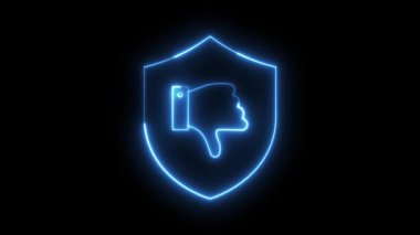 This abstract looping neon animation features glowing shield symbols with thumbs-down signs in red, blue, green, and pink, signifying disapproval, security risks, or negative feedback.