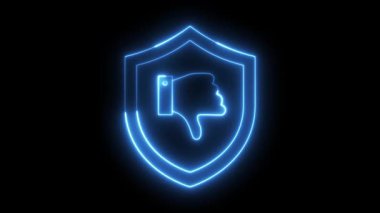 Abstract looping neon animation featuring shield icons with thumbs down symbols, glowing vibrantly in pink, blue, green, aqua, and red against a dark background, ideal for depicting rejection or risk.