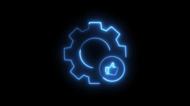 This looping neon blue animation features a glowing gear symbol with a thumbs-up on a black background, representing settings, approval, quality, or optimal performance.