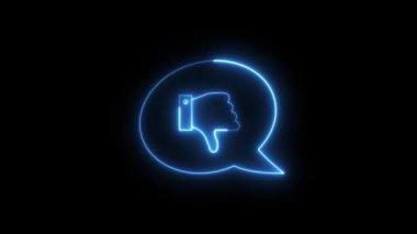 A looping neon blue line animation draws a glowing thumbs down symbol inside a dynamic speech bubble on a dark background, representing negative feedback, disapproval, or a low rating.