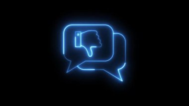 A glowing blue neon thumbs-down symbol within animated speech bubbles forms a seamless loop on a dark background, representing dislike, negative reaction, or poor evaluation in digital content.