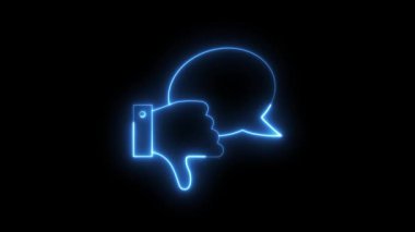 A glowing blue neon animation of a thumbs down gesture with an expanding speech bubble communicates negative feedback, disapproval, and low ratings in a modern, looping, abstract style.