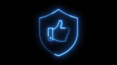 A vibrant neon blue thumbs-up gesture inside a shield animates, drawing and glowing in an abstract looping motion on a black background, representing security, approval, and digital trust.