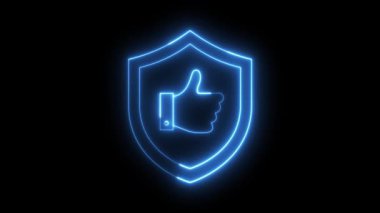 This looping neon blue animation features a glowing shield enclosing an approving thumbs-up gesture, symbolizing digital security, quality, and positive feedback on a dark background.