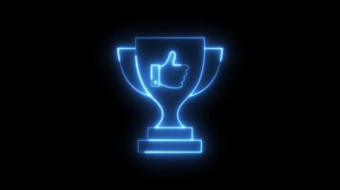 A vibrant blue neon glowing animation of a trophy with a thumbs-up symbol appears and loops on a dark background, representing success, quality, and positive feedback.