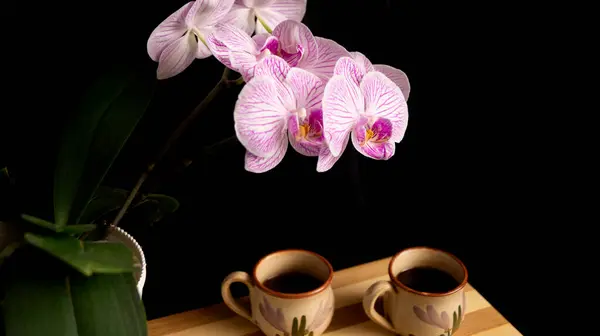 Orkide ve siyah arka planda bulanık Türk kahve fincanları