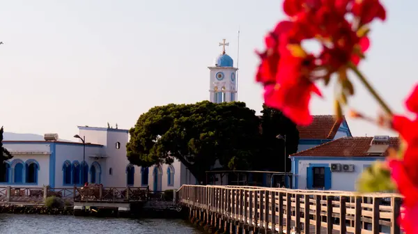 Manastırın yaratıcı görüntüsü ön plandaki yumuşak bir çiçek aracılığıyla çerçevelenmiştir..