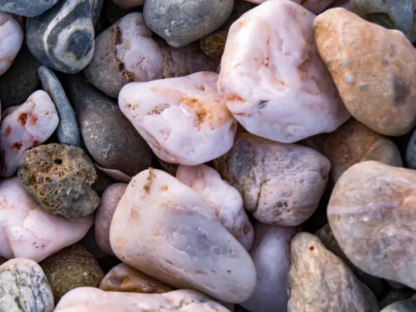 Deniz taşları / Kumsaldaki çakıl taşları, sahildeki deniz taşlarına ve çakıl taşlarına yakın çekim, doğal olarak dalgalar tarafından şekillendirilmiş. Arkaplan, doku ve doğal detay kavramı.