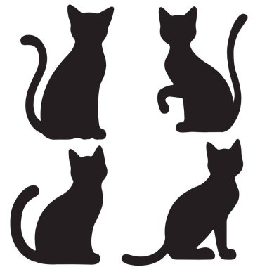 Siyah Kedi Siluet Vektörü Clipart Yürüme Pozisyonları, Kıvrık Kuyruklar, Beyaz Çizgili