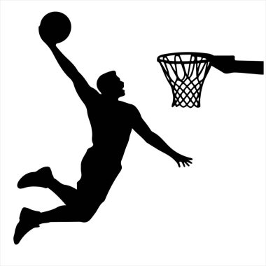 Siyah basketbolcu siluetleri cesur, minimalist tasvir edilmiş basketbol sporcularıdır.