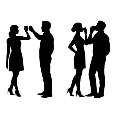 Erkek ve Kadın Siluet İçiyor Vektör Çift Partisi İllüstrasyonu