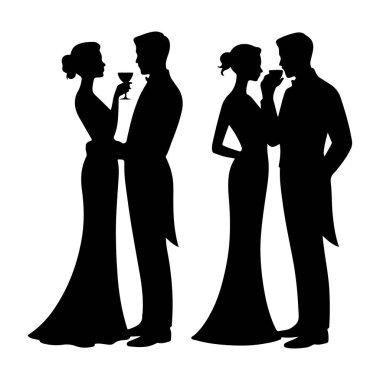 Seçkin Çift İçen Siluet Vektörü Romantik Parti İllüstrasyonu