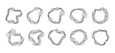 Bir dizi çizgi dalga sıvısı şekilleri. Çember geometrik soyut sıvı kara formların toplanması, kart, davetiye, duvar kağıdı, poster için modern fütürist barbarlık tasarımı