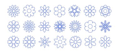 Geometrik figürlerden siyah çizgili papatyalar, soyut çiçek siluetleri koleksiyonu beyaz üzerine izole edilmiş çiçek simgeleri.