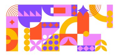 Geometrik geometrik pembe ve siyah desenli baskı arka plan, Bauhaus şekilleri desen, monokrome bauhaus neo gaddarlık soyut arka plan, kart, davetiye, duvar kağıdı için modern geometri modayı tasarımı