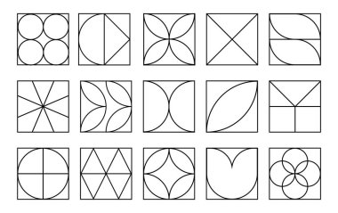 Set, geometrik şekiller koleksiyonu. Şekilleri farklı olan modaya uygun bir set. Bauhaus, fütürist, memphis. Siyah Bauhaus şekilleri, geometrik soyut şekiller. Modern biçim