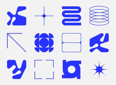 Yeni modern geometrik şekiller kümesi. Vahşilik, fütürizm, Memphis şablonu. Mavi barbarlık koleksiyonu, geometrik soyut şekiller. Kartlar için modern tasarım, davet, markalaşma, afiş