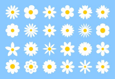 Hamur rengi papatyalar geometrik figürler, soyut çiçek siluetleri koleksiyonu beyaz üzerine izole çiçek ikonları