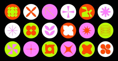 Yeni-modern geometrik çıkartmalar, daire şeklinde pullar. Vahşilik, fütürizm, Memphis şablonu. Kartlar için modern tasarım, davet, markalaşma, afiş