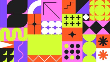 Geometrik parlak renk desenli arka plan, Bauhaus şekilleri desen, Bauhaus neo gaddarlığı soyut arka plan, kart, davetiye, yer ile modern geometri modayı tasarımı