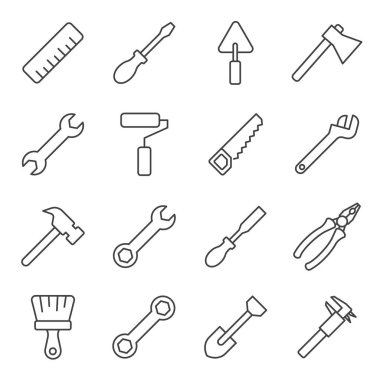 Düzenlenebilir felçli araç gereç çizgisi simgesi, tornavida, testere, çekiç, balta, cetvel, ingiliz anahtarı gibi yapı aracı