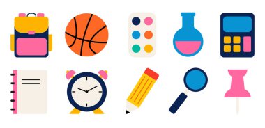 Okul simgeleri seti, set, okulun parlak renkli simgelerinin koleksiyonu, okula dönüş.