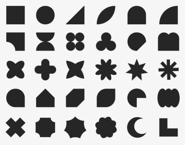 Set, geometrik şekiller koleksiyonu. Şekilleri farklı olan modaya uygun bir set. Bauhaus, fütürist, memphis. Siyah Bauhaus şekilleri, geometrik soyut şekiller. Modern biçim