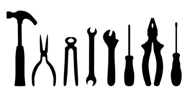 Bir dizi el aletleri silueti beyaza izole edilmiş. siyah siluet