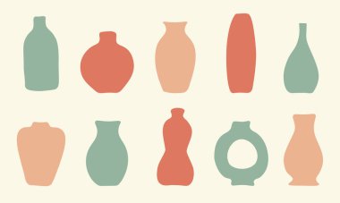 Vazo seti. Vazo siluetleri koleksiyonu, çeşitli siyah soyut vazolar