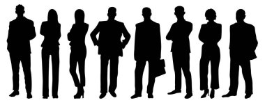 Beyazlar üzerinde izole edilmiş iş adamlarının siluetleri. Bir grup iş adamı insan silueti