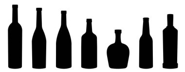 Cam siluet seti. Bir bardak şarap, alkol kokteyli, cam ikonlar. Alkol bardakları, siyah ikon iç.