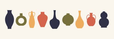 Vazo seti. Vazo siluetleri koleksiyonu, çeşitli siyah soyut vazolar