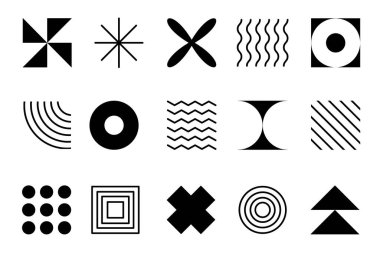 Set, geometrik şekiller koleksiyonu. Şekilleri farklı olan modaya uygun bir set. Bauhaus, fütürist, memphis. Siyah Bauhaus şekilleri, geometrik soyut şekiller. Modern biçim