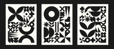 Set, geometrik şekiller koleksiyonu. Şekilleri farklı olan modaya uygun bir set. Bauhaus, fütürist, memphis. Siyah Bauhaus şekilleri, geometrik soyut şekiller. Modern biçim
