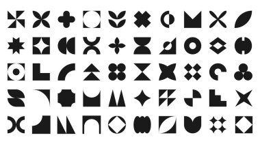 Set, geometrik şekiller koleksiyonu. Şekilleri farklı olan modaya uygun bir set. Bauhaus, fütürist, memphis. Siyah Bauhaus şekilleri, geometrik soyut şekiller. Modern biçim