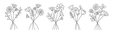 El çizimi serisi yabani çiçek buketi, botanik elementler tasarımı, çizgi çiçek vektörü seti, modaya uygun minimalist kır çiçekleri.