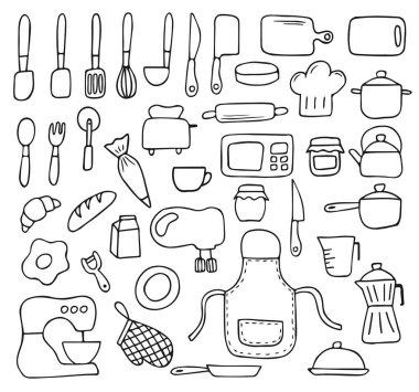 Siyah çizgili el çizimi karalama, pişirme ve mutfak aletleri.