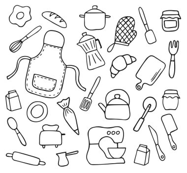 Siyah çizgili el çizimi karalama, pişirme ve mutfak aletleri.