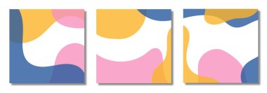 Renkli afişler seti. Soyut sıvı poster, pembe ve sarı arka plan şekilli, kartlar için modern soyut moda tasarımı, davetiye, damga, afiş, kapak. Poster organik şekiller