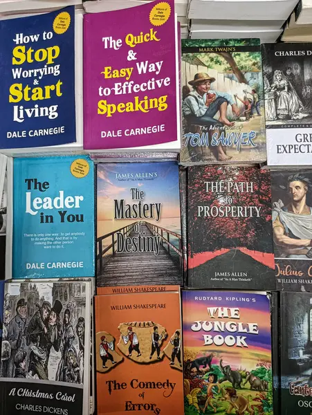  Farklı başlıklara ve kapak tasarımlarına sahip çeşitli kitaplar, omurgaları ve ön kapakları görünür bir şekilde düzgünce düzenlenmiştir.. 