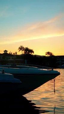 Sürat tekneleri ve Palm Trees Egzotik Seyahat Sahnesi ile Marina 'da Tropik Günbatımı