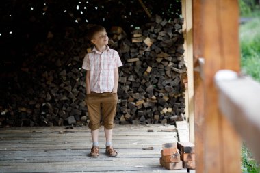Evin önündeki tahta kütüğün üzerinde duran iri gözlü ve kahverengi saçlı küçük çocuk.